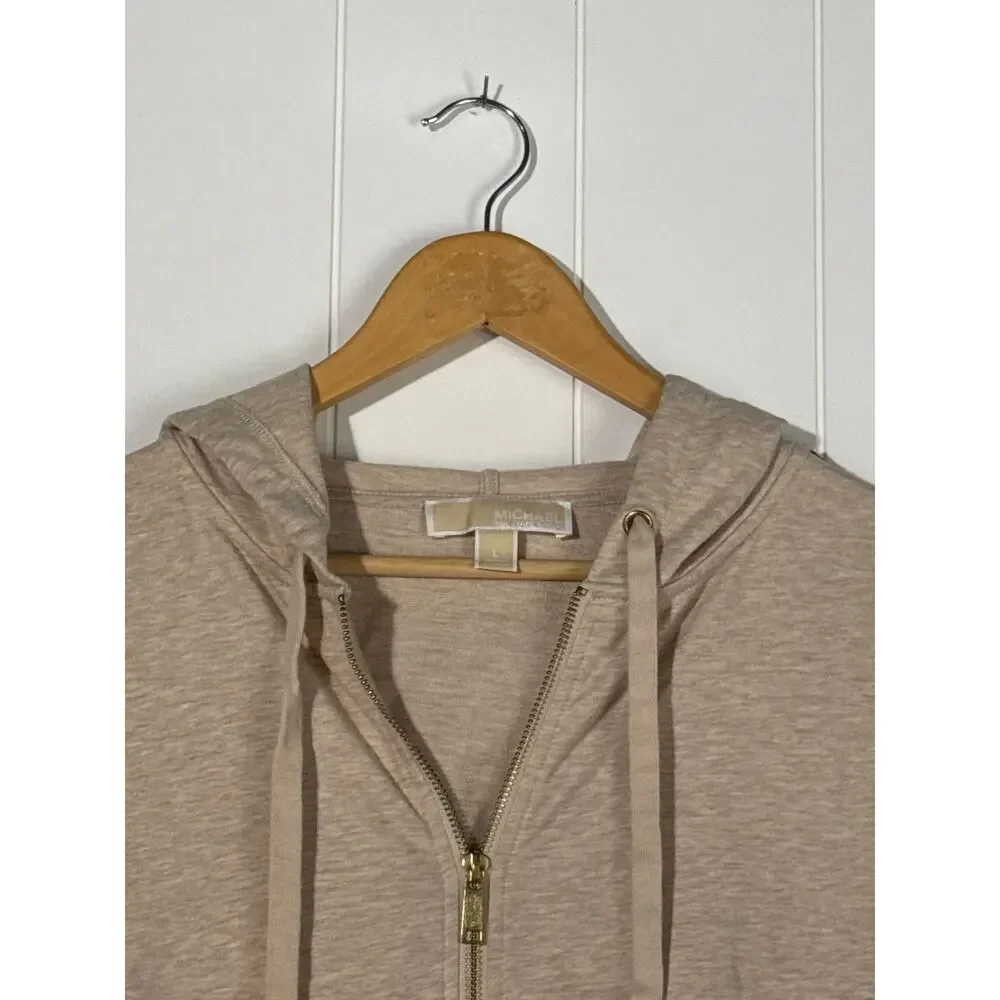 Michael Kors Hoodie Womens L Taupe Beige Full Zip Gold Logo Lightweight